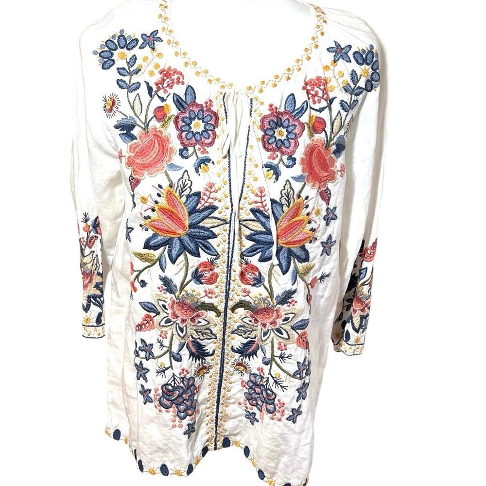 Johnny Was Linen Tiwa Blouse Tunic Top Small Boho Floral Peasant White - Picture 5 of 15